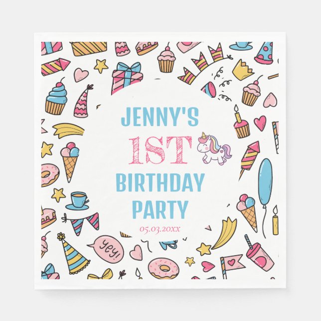 Guardanapo De Papel Garota Bonita Unicórnio Qualquer Festa de aniversá (Frente)