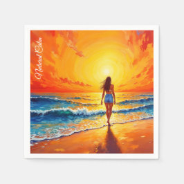 Guardanapo De Papel Garota da praia do pôr do sol caminha pelo oceano 
