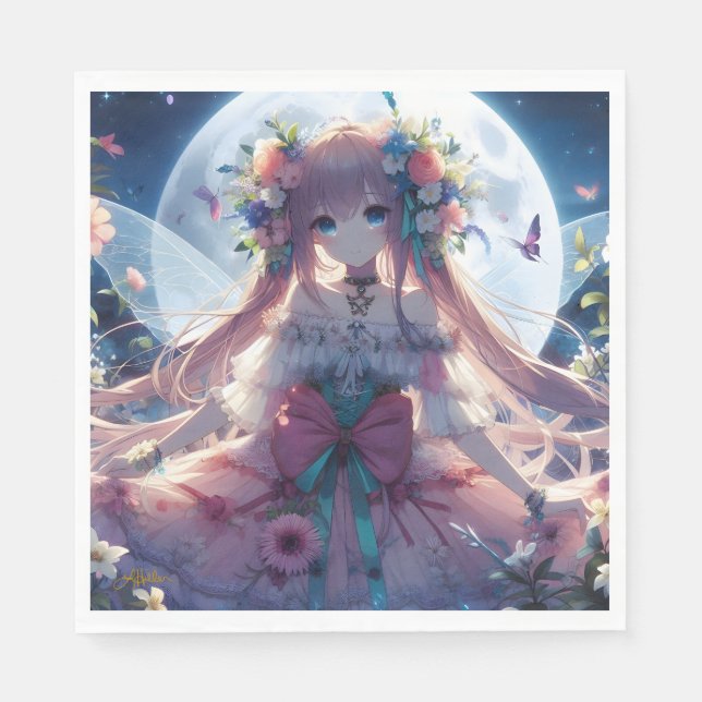 Guardanapo De Papel Garota de Anime Flor Lua Fada (Frente)
