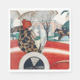 Guardanapo De Papel Garota e Cachorro num Automóvel Vermelho