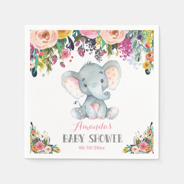 Guardanapo De Papel Garota Floral Chá de fraldas Elefante Rosa Napkins (Frente)