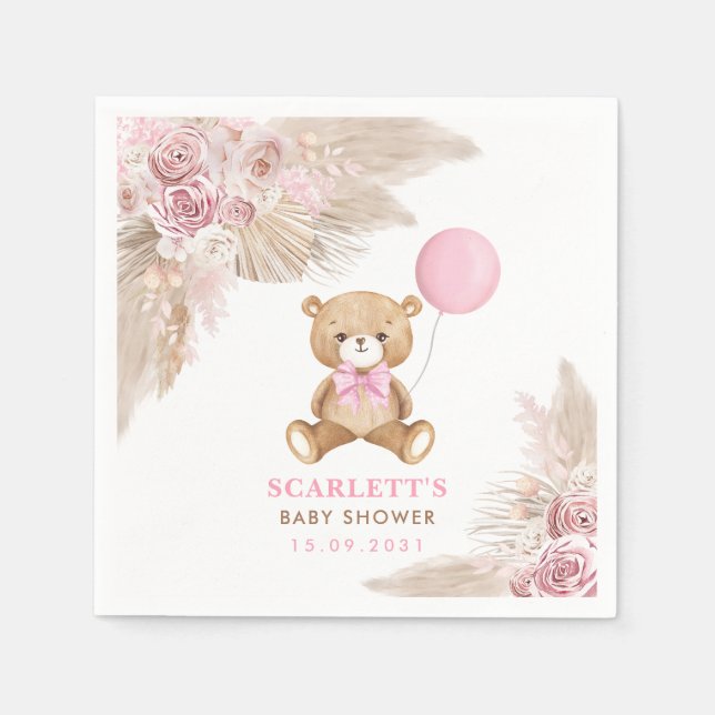 Guardanapo De Papel Garota Floral Rosa Rosa Boho Teddy Bear (Frente)