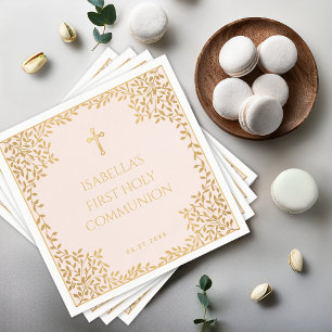 Guardanapo De Papel Garota Primeira Comunhão Rosa Faux Folhas Douradas