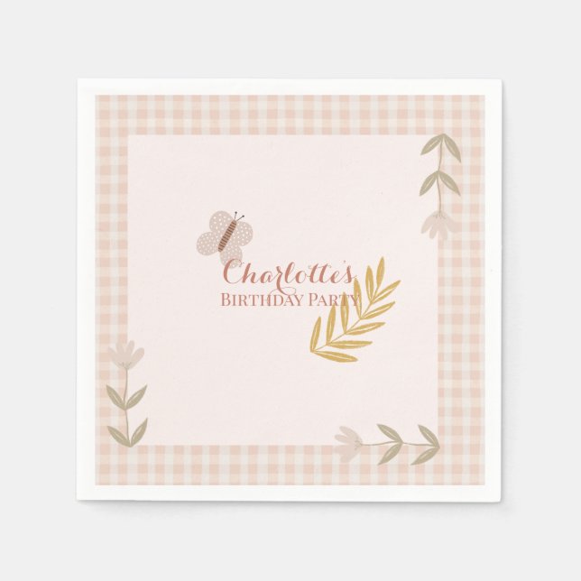 Guardanapo De Papel Garota Rosa Gingham Flores Selvagens Borboleta (Frente)