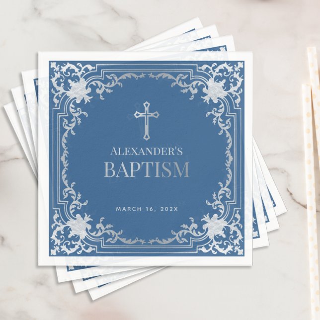 Guardanapo De Papel Garoto Baptism Folha Silver Azul Elegante Clássica (Criador carregado)