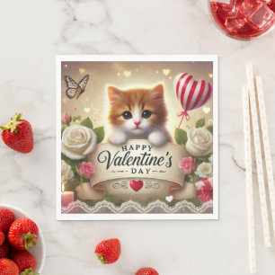 Guardanapo De Papel Gatinho Adorável com Rosas, Velas e Corações