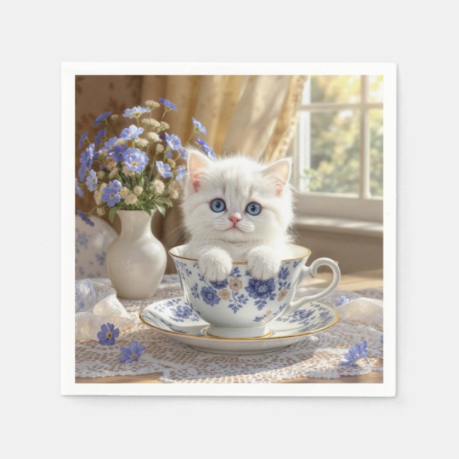 Guardanapo De Papel Gatinho Branco em um Teacup (Frente)