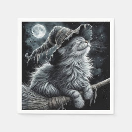 Guardanapo De Papel Gatinho de Halloween na Vassoura