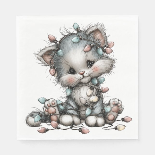 GUARDANAPO DE PAPEL GATINHO DE NATAL ADORÁVEL COM LUZES (Frente)