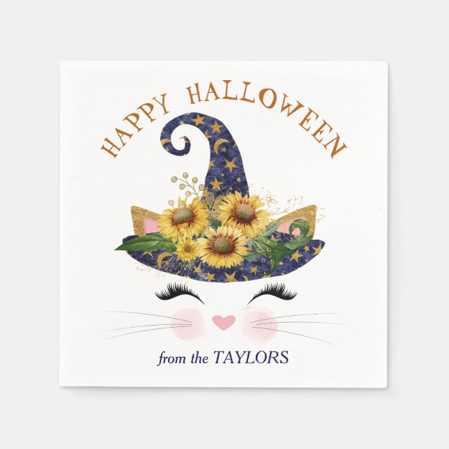 Guardanapo De Papel Gatinho Face Dourada Halloween Floral (Frente)