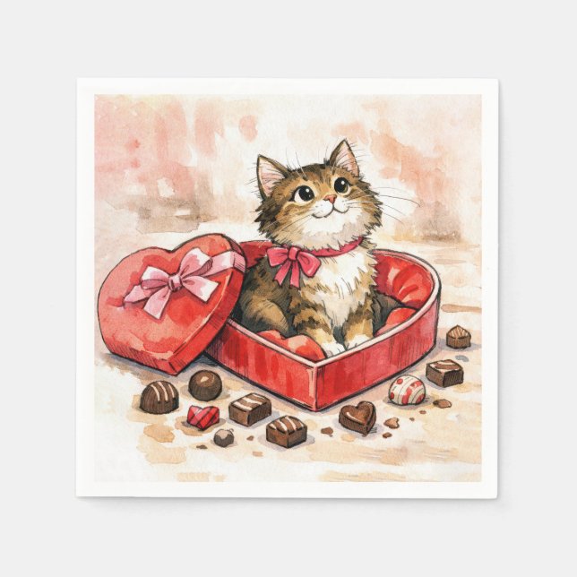 Guardanapo De Papel Gatinho Rajado Sentado em uma Caixa de Doces (Frente)