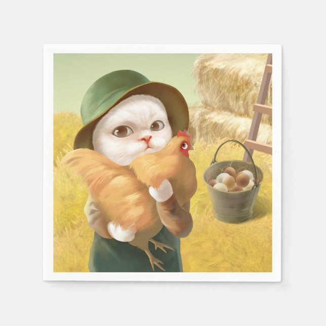 Guardanapo De Papel Gato Adorável com Hen na Fazenda (Frente)
