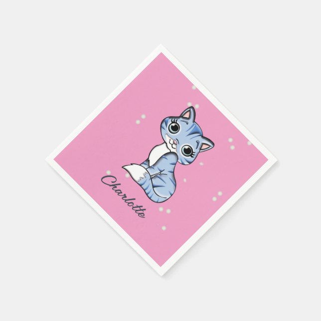 Guardanapo De Papel Gato azul bonito com nome personalizado rosa (Canto)
