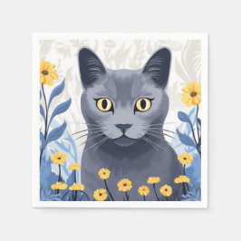 Guardanapo De Papel Gato Azul Russo Flores Amarelas