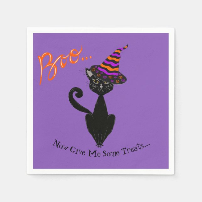 Guardanapo De Papel Gato Blasé Preto do Halloween com Chapéu das Bruxa (Frente)