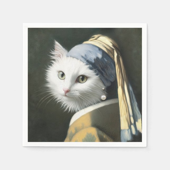 Guardanapo De Papel Gato Branco com pintura de ouvido (Frente)