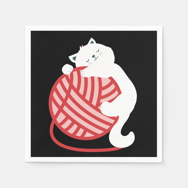 Guardanapo De Papel Gato branco-cúmulo com bola de fios (Frente)