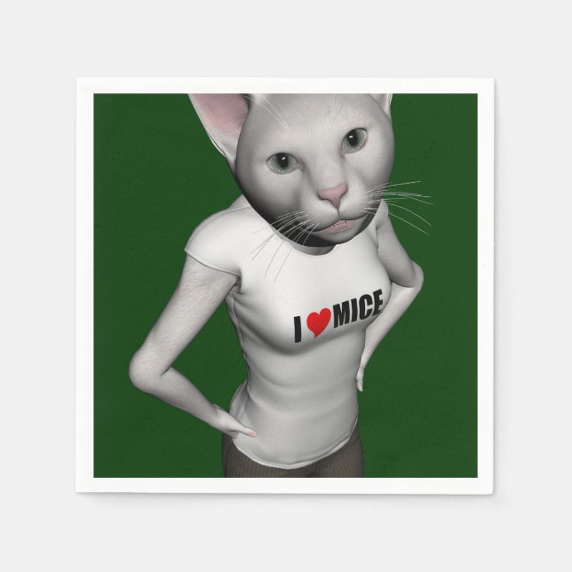 Guardanapo De Papel Gato Branco Engraçado Que Adora Ratos (Frente)