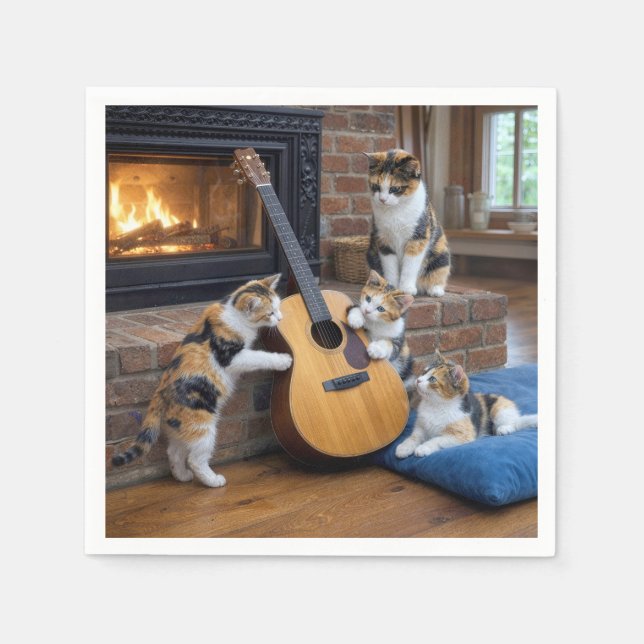 Guardanapo De Papel Gato Calico com Gatinhos e Violão (Frente)