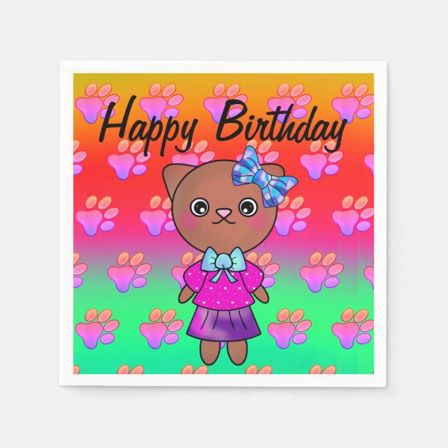 Guardanapo De Papel Gato de aniversário bonito com impressões de pata  (Frente)