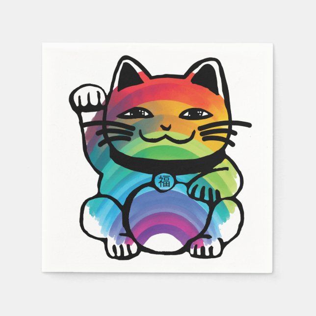Guardanapo De Papel Gato de Boa Sorte Japonês com Arco-Íris (Frente)
