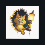 Guardanapo De Papel Gato de Cartoon Whimsso segurando uma lâmpada atra<br><div class="desc">Um gato animado,  listrado de laranja,  com olhos verdes brilhantes,  espreita através de uma parede quebrada. O gato está segurando uma lâmpada do estilo vintage,  irradiando um brilho quente,  criando uma atmosfera caprichosa e encantadora. Suas características exageradas e sorriso malicioso adicionam um toque de humor e prazer à cena.</div>
