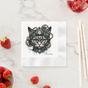 Guardanapo De Papel Gato de galinha bonito com relógios e marchas.