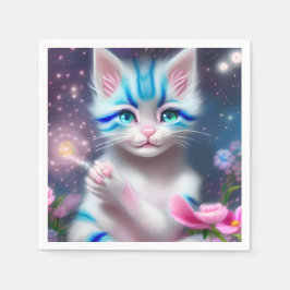 Guardanapo De Papel Gato de gato branco Kawaii listrado, rosa e azul