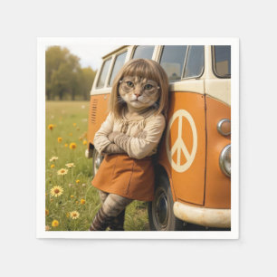 Guardanapo De Papel Gato de Hippie se inclinando em uma Van Retro