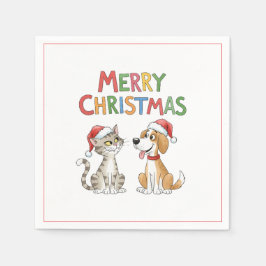 Guardanapo De Papel Gato de Natal e Cachorro Bonitos com Chapéus Santa