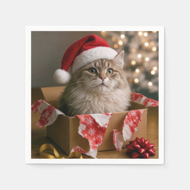 Guardanapo De Papel Gato de Natal numa Caixa (Frente)