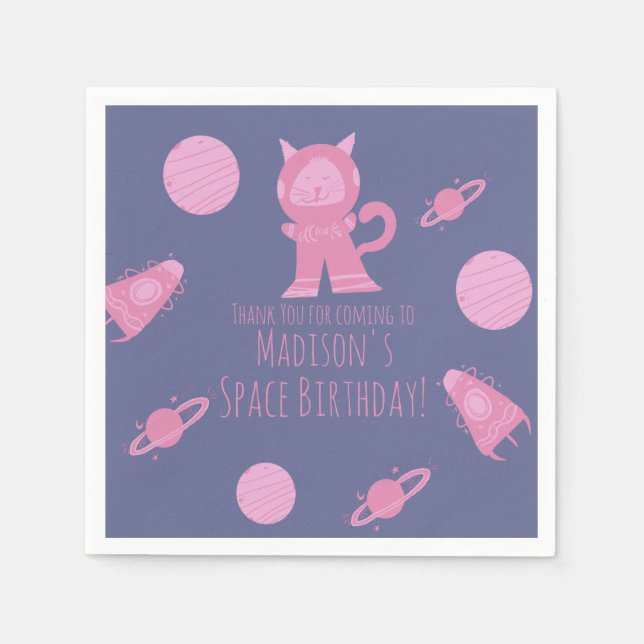 Guardanapo De Papel Gato Espacial Galáxia Rosa Aniversário   (Frente)