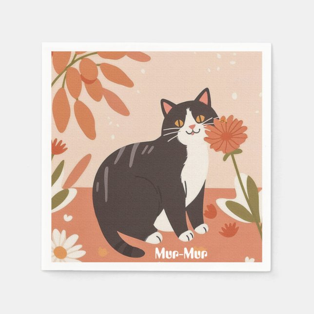 Guardanapo De Papel Gato Feliz Customizado com Flores da Primavera  (Frente)