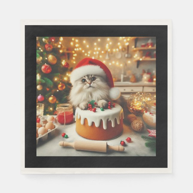 Guardanapo De Papel Gato fofo assando o bolo de Natal (Frente)