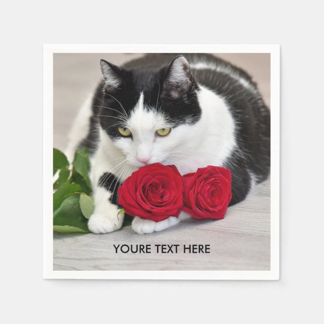 Guardanapo De Papel Gato fofo com a rosa vermelha (Frente)