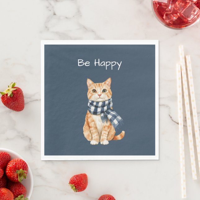 Guardanapo De Papel Gato Laranja Cachecol Azul Branco Seja Feliz (Insitu)