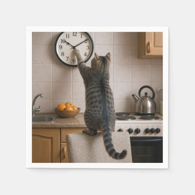 Guardanapo De Papel Gato Listrado Mudando a Hora de um Relógio (Frente)