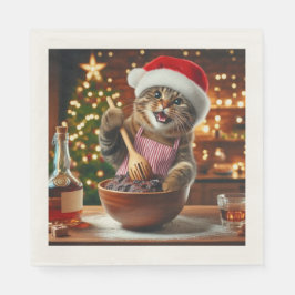 Guardanapo De Papel Gato malhado assando pudim de Natal alcoólico