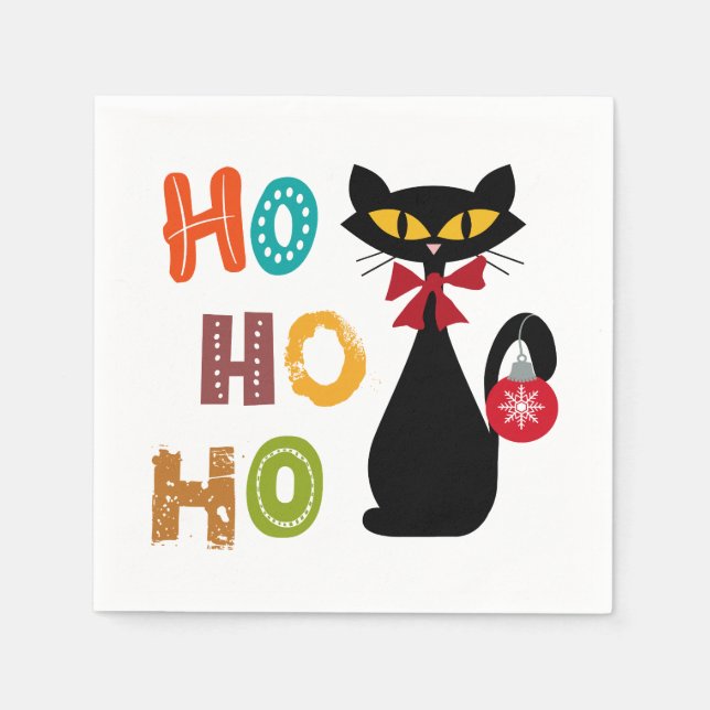 Guardanapo De Papel Gato negro com design de texto Ho Ho Ho (Frente)