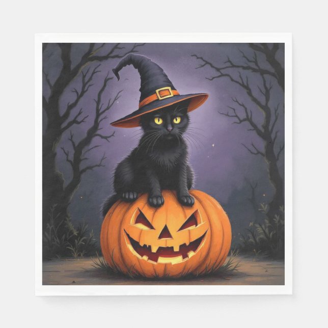 Guardanapo De Papel Gato Negro de Halloween Vestindo Um Chapéu De Brux (Frente)