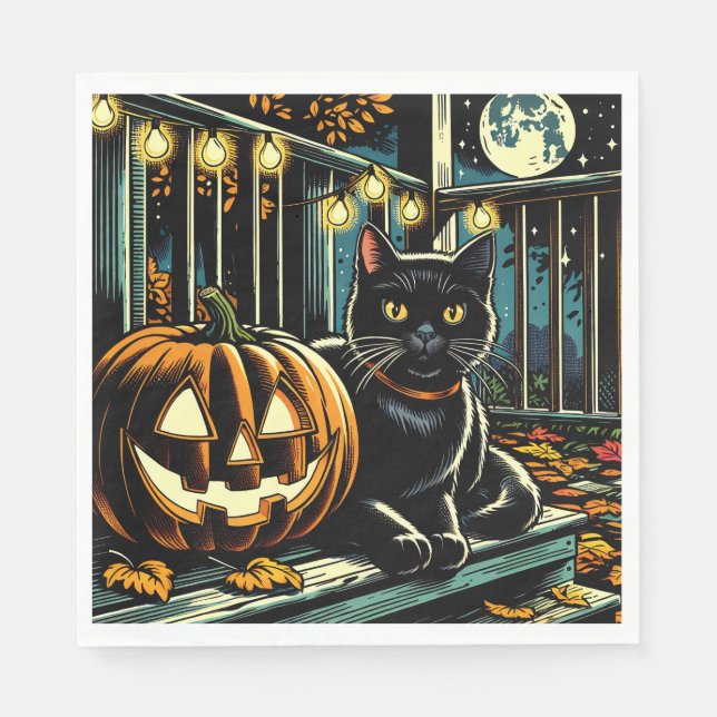 Guardanapo De Papel Gato Negro e Jack-O-Lanterna Halloween (Frente)