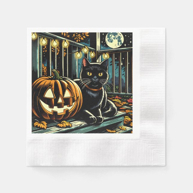 Guardanapo De Papel Gato Negro e Jack-O-Lanterna Halloween (Frente)