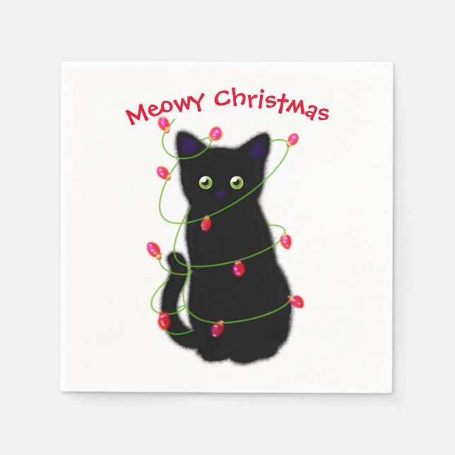 Guardanapo De Papel Gato negro | Meowy Christmas | Luzes cintilantes (Frente)