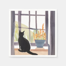 Guardanapo De Papel Gato no parapeito da janela | Silhueta Aquarela 