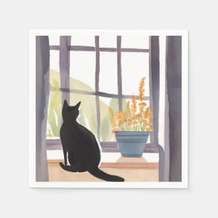 Guardanapo De Papel Gato no parapeito da janela Silhueta Aquarela