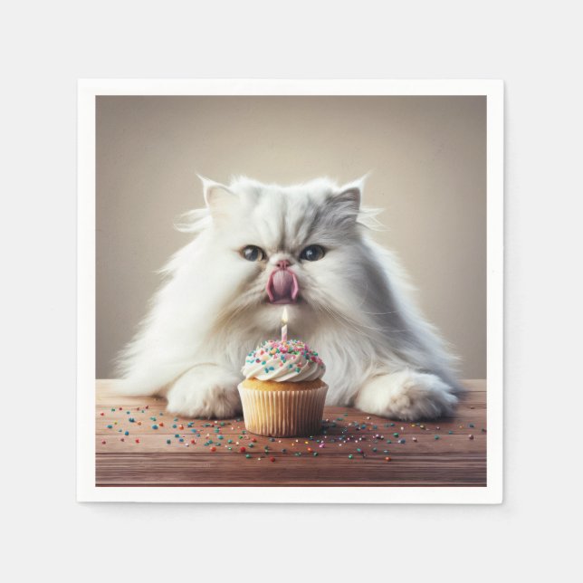 Guardanapo De Papel Gato Persa Licenciando um Cupcake de aniversário (Frente)