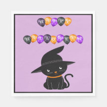 Gato Preto Com Chapéu de Bruxa Balões Feliz Hallow