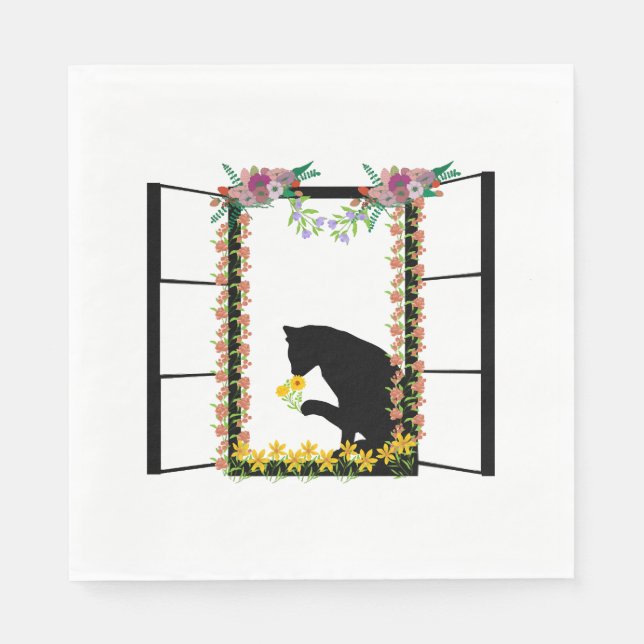 Guardanapo De Papel gato preto com flor (Frente)