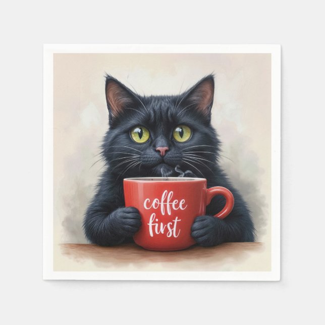 Guardanapo De Papel Gato Preto Com Mug De Café Vermelho (Frente)