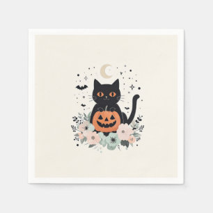 Guardanapo De Papel Gato Preto de Halloween Fofo, Lua e Abóbora
